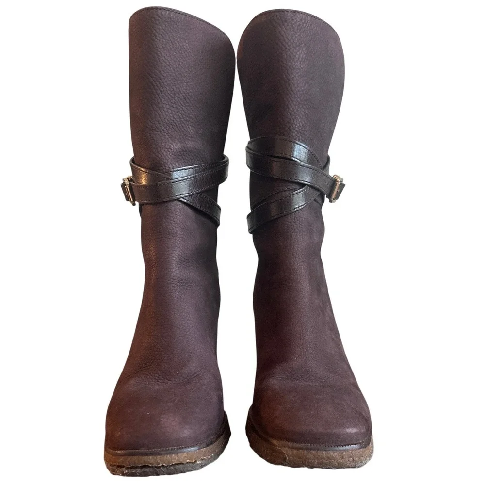 Tory Burch Brown Pebbled Leather Wrap Strap Heeled Ankle Boots Size 9